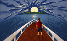 Erik Nelson Rodriguez Illustration of a migrant boy on a boat headed to a new land. Tribune News Service