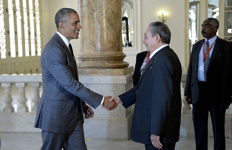 U.S. President Barack Obama and Cuban President Raul Castro shake hands before delivering remarks to the people of Cuba at the El Gran Teatro de Havana on Tuesday, March 22, 2016, in Havana, Cuba. (Olivier Douliery/Abaca Press/TNS)