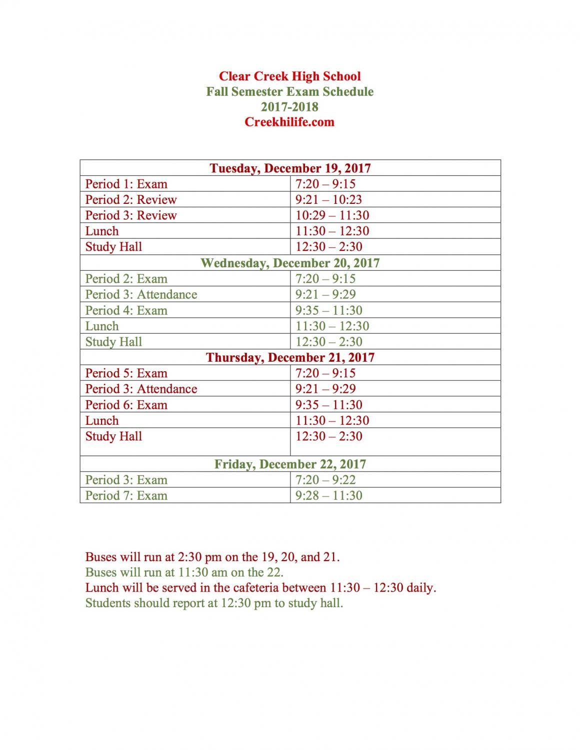 201718 Fall Final Exam Schedule Creek HiLife