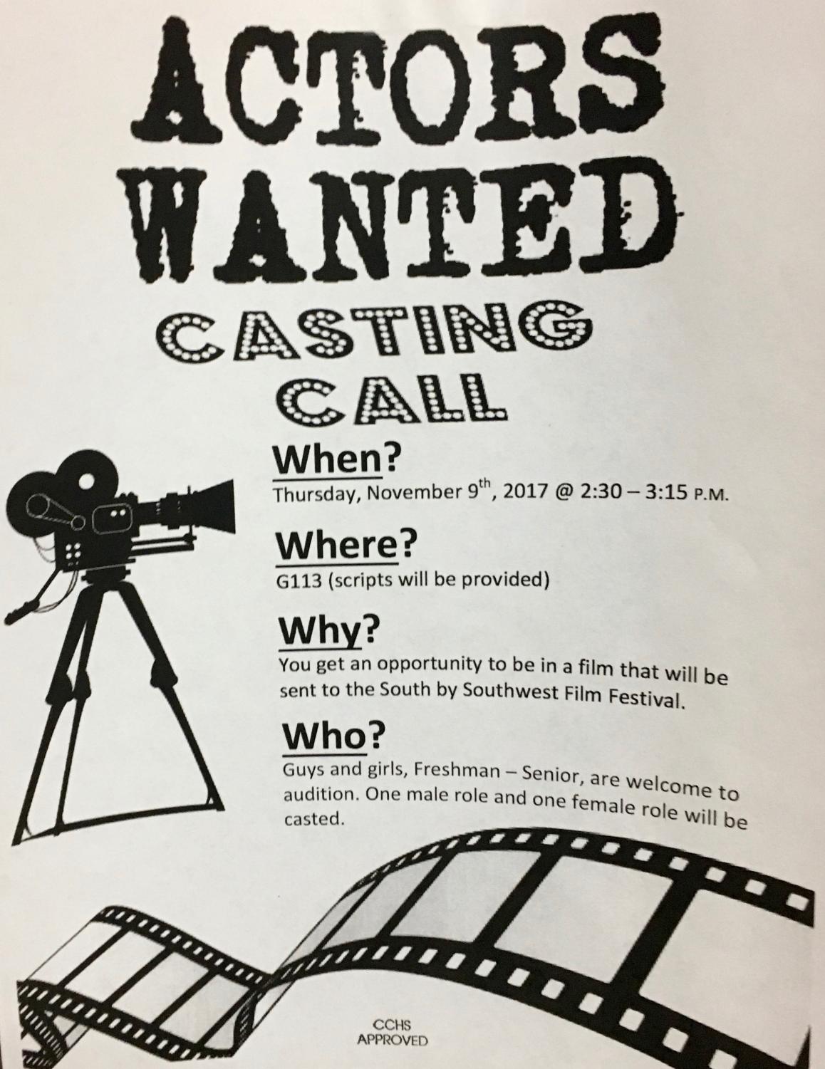 Actors Wanted:Casting Call @ CCHS Rm G113