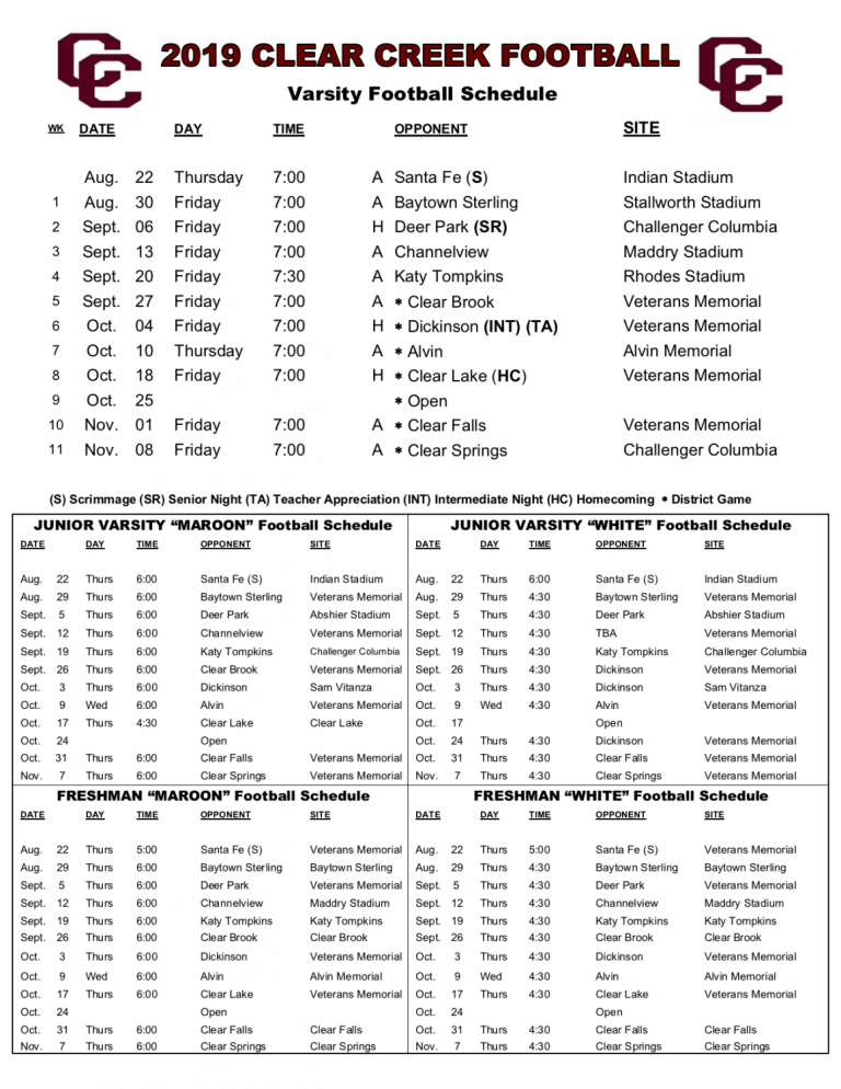 UPDATED FOOTBALL SCHEDULE 2019-20 – Creek HiLife